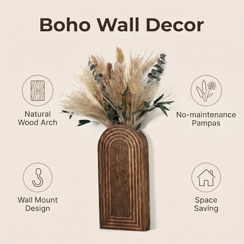 Set of 2 Wooden Wall Vases with Dried Pampas Grass & Eucalyptus, Boho Farmhouse Decor for Living Room, Entryway, Bathroom, Rustic Home Art(Dark Brown) - Image 2