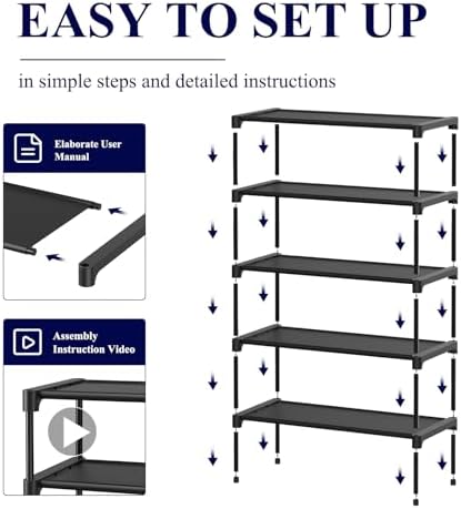 Kitsure Shoe Rack - Non-Woven Shoe Rack Shelf, Shoe Organizer for Closet, Entryway, Garage & Corridor, Stackable Shoe Shelves, 27.5" Wide - 5 Tier, Black - Image 4