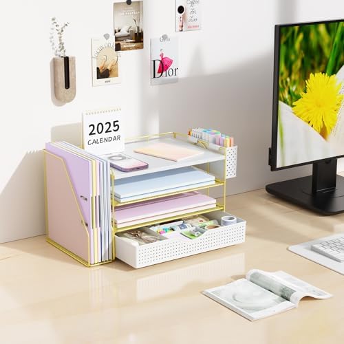 Wood Desk Organizers and Accessories with File Holder, 4-Tier Desk Accessories & Workspace Organizers with Drawer and Pen Holder, Desk Reference Organizer (Gold, 4T with Drawer) - Image 4