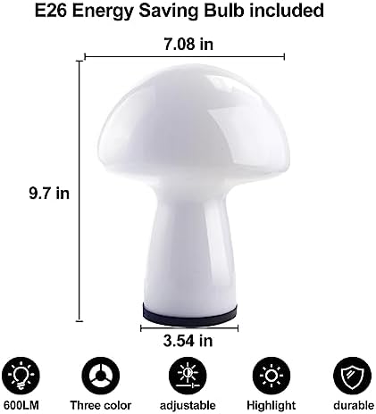 NOTOC Mushroom lamp,Dimmable Glass Table Lamp,Vintage Style Table Lamp,White Bedside Desk lamp,Cute Table Lamps.（LED Bulbs Included） - Image 6