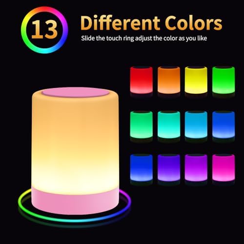 OORUN Touch Bedside Table Lamp,13 RGB Colors & 5 Brightness, USB Rechargeable Desk Lamp, Remote Control Dimmable Night Light with RGB Color Changing,Portable Lamp for Baby, Bedroom, Living Room (Pink) - Image 3