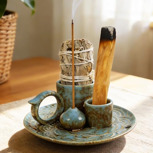 Tnstbiee 4-in-1 Blue Ceramic Palo Santo Burner, Small Smudge Tray Bowl by Tnstbiee
