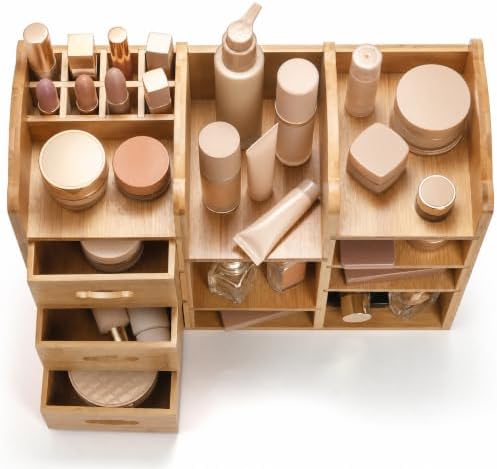 Coloch Bamboo Makeup Organizer with Drawers, Large Cosmetics Storage Shelf for Vanity Countertop Skincare Organizer for Desktop, Skincare, Beauty Supplies, Cosmetics Display, Stationery Storage - Image 3