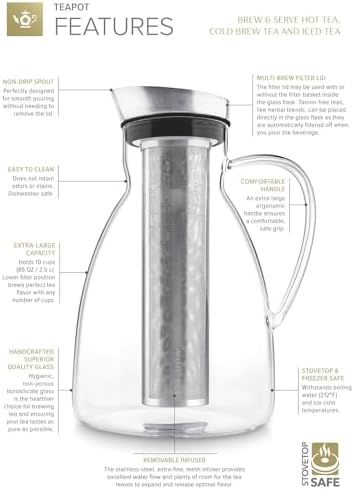 Teabloom Extra-Large Multi-Brew Borosilicate Glass Teapot + Kettle + Pitcher (85 OZ / 2.5 L / 10 CUPS) – Brew and Serve Hot Tea, Iced Tea, Cold Brew Tea and Fruit Infused Water – Solstice Tea Maker - Image 4