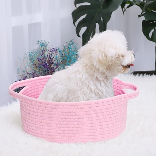 ABenkle Small Basket with Handles, Boho Decorative Rope Woven Dog Cat Toy Storage Bin Shelf Storage Organizer, Easter Christmas Gift Basket, 12"x8"x5", Pink - Image 5