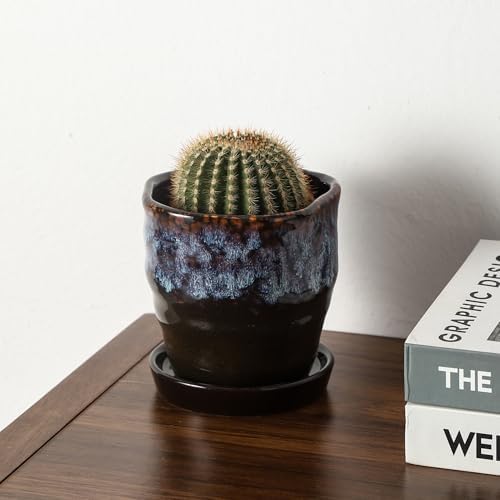 Modern Irregular Ceramic Planter Set of 4, 4 Inch Small Unique Reactive Glaze Flower Pots with Drainage Holes & Saucers - Indoor Outdoor Decorative Succulent Orchid Pots- Reactive Glaze Spot - Image 6