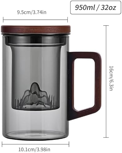 Unbreakable - Glass Tea Cup with Infuser and Lid, 950ML / 32oz Large Borosilicate Tea Mug with Wooden Handle and Lid, Heat Resistant Glass Tea Cup for Loose Leaf Tea, Home Office Use - Image 4