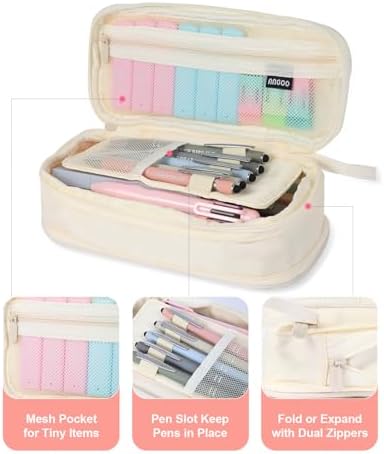56 PCS Aesthetic School Supplies with Large Pencil Case, 5 Inspirational Ballpoint Pens, 12 Pastel Highlighters, 5 Black Ink Gel Pens, 6 Mechanical Pencils 0.5-0.7mm College Student Essentials (Beige) - Image 6