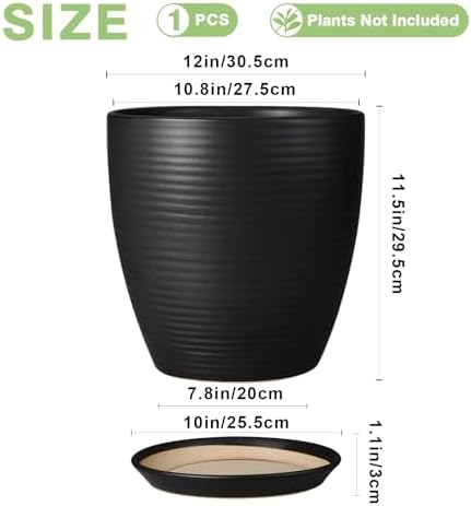 12 Inch Pots for Plants - Ceramic Planter Pot, Large Flower Pot with Drainage Hole and Saucer for Home Patio Garden Office Indoor Outdoor, Black - Image 3