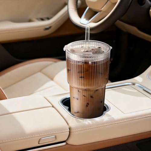 Iced Coffee Cups with Lids 2Pcs: Ribbed Glass Tumbler with Straw and Lid 20oz - Vintage Glass Cups with Lids and Straws - Tumbler Leak Proof Aesthetic Drinking for Coffee Bar Accessories - Image 7