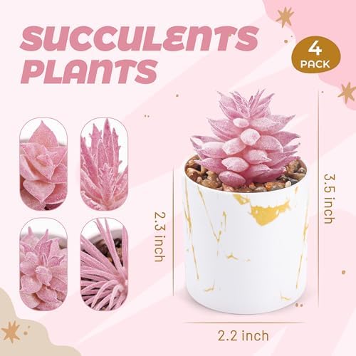 Der Rose 4 Pack Pink Fake Plants in Gold Accent Pots for Office Desk Decor - Image 3