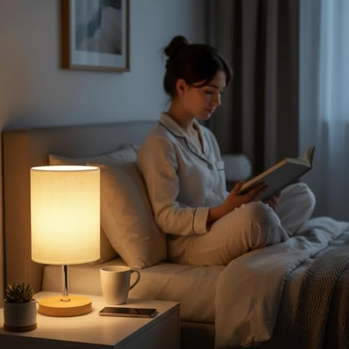 Small Table Lamp for Bedroom, Bedside Lamp with 3000K Warm LED Bulb Included, Nightstand Lamp for Living Room Office Dorm Kids Room, Easy Assemble Minimalist Cream Shade & Wood Base(5W) - Image 5