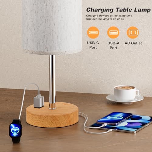 Fenmzee 17.4" Bedside Lamp for Bedroom - Dimmable Touch, USB A+C, AC Outlet - Image 4