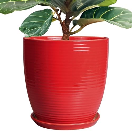 Ceramic Pot for Plants 12 Inch - Plant Pot Indoor with Drainage Hole and Saucer Round Large Planter for Outdoor Plants Mid Century Modern Flower Pot for Home Decor Red by EPFamily