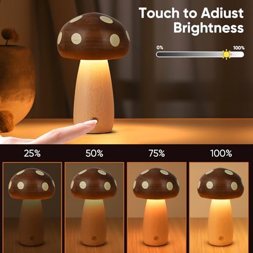 LONRISWAY 2 Pack LED Wood Mushroom Table Lamp, Rechargeable Cordless Touch Bedside Small Lamps, Wireless Stepless Dimming Night Light, Portable Battery Lamp for Bedroom Nightstand for Birthday Gifts - Image 4