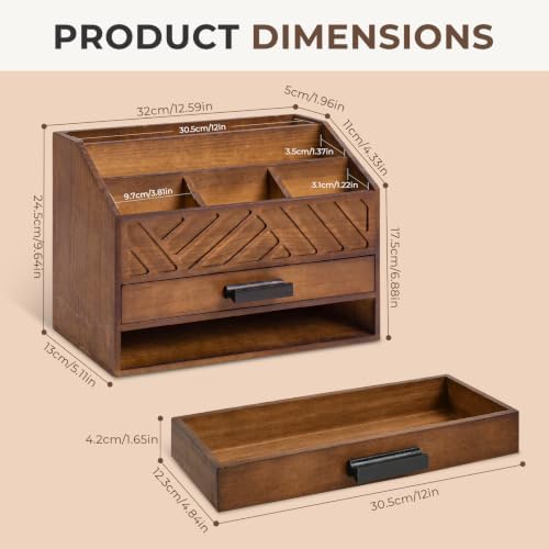 Wooden Desk Organizer with 7 Compartments and Drawer, Rustic Desktop Mail Organizer for Desk, Wooden Mail Sorter Organizer with Deep Pockets, File Holder and Sturdy Black Handle for Home Office-Brown - Image 2