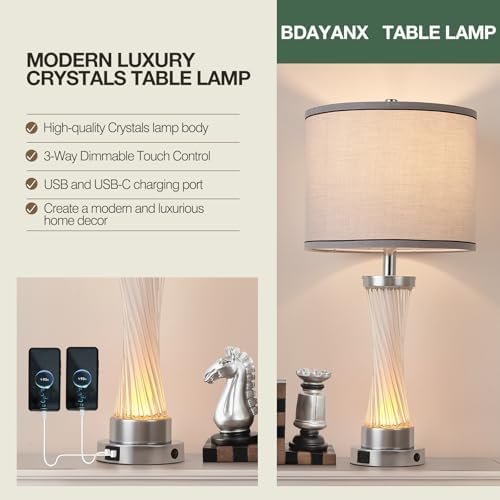3-Way Dimmable Table Lamp Set of 2,Touch Control Lamp with Night Light,Modern Crystal Table Lamps for Bedroom,Living Room，Bedside Lamps with USB A+C Ports，Fabric Lampshade(Blubs Included) - Image 4