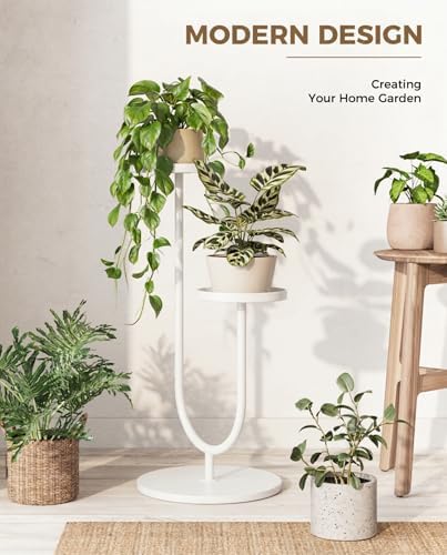 Bamworld Metal Plant Stand Indoor Corner Plant Stands 2 Tier Plant Shelf for Tall Plant Holder Black Plant Shelves for Living Room Bedroom Midcentury Modern Home Decor(White) - Image 4