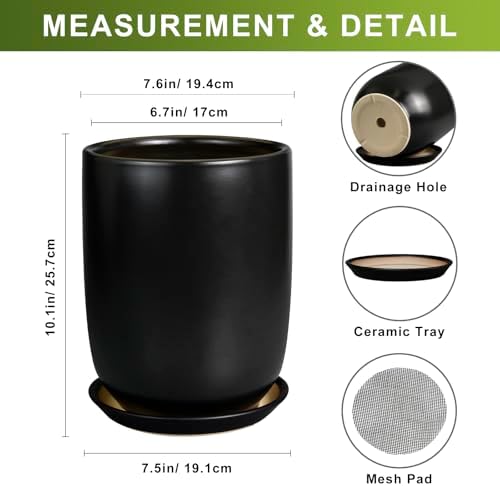 Ceramic Planter 8 Inch - Plant Pot for Indoor Outdoor Plants Cylinder Flower Pot with Drainage Hole and Saucer Black - Image 2