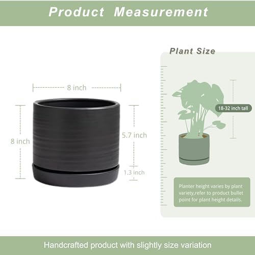 HERDUK 8 Inch Pots for Plants, Ceramic Planter Pot with Drainage Hole & Saucer, Indoor/Outdoor Cylinder Round Planter Pot, Matte Black - Image 3