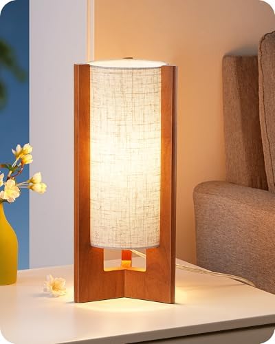 EDISHINE 13.5" Small Table Lamp, Walnut Wood Cylinder Nightstand Lamp, E26 by EDISHINE
