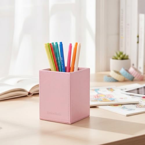 UnionBasic Square Pen Holder, Leather Pencil Cup, Desktop Caddy Stationery Organizer, Taiga Pattern Leather, Pink - Image 4