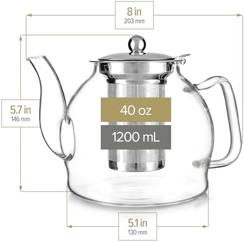 Teabloom Dublin Glass Teapot – Fine Borosilicate Glass – Stovetop and Microwave Safe – Removable Stainless Infuser – Ideal for Loose Leaf Tea – Large Capacity – 40 oz. / 1200 ml (4-5 Cups) - Image 4