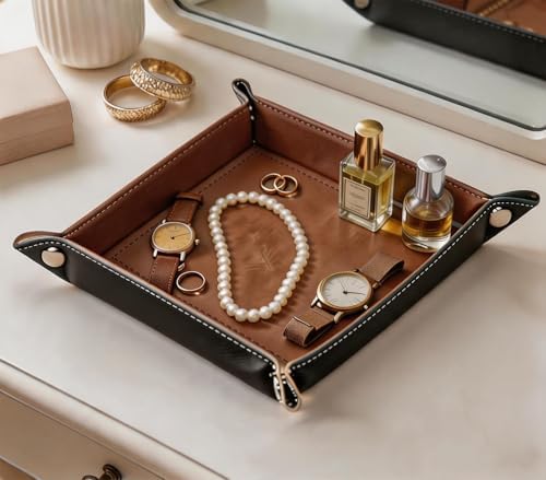 Valet Tray Desktop Storage Organizer – Vegan Leather Catchall Tray Bedside Vanity Tray Nightstand Caddy Holder for Remote Controller, Watch, Keys, Phone, Wallet, Coin, Jewelry, Brown - Image 7