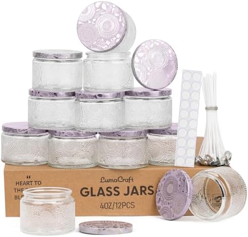 LumaCraft Luxury Embossed Glass Candle Jars for Making Candles - 12 Pack Empty Candle Containers with Airtight Metal Lids, 20 Wicks & 20 Stickers, Colored Glass Jars for Gifts & Decor-4oz by Unknown