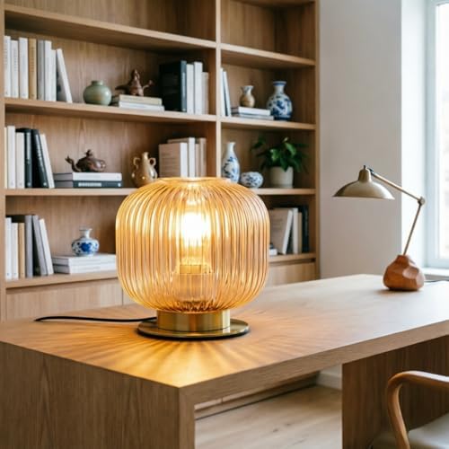 Ribbed Amber Glass Table Lamp, Mid Century Modern Nightstand Light with Gold Base, Plug-in Desk Lamp for Bedroom Living Room Office Study - Image 3