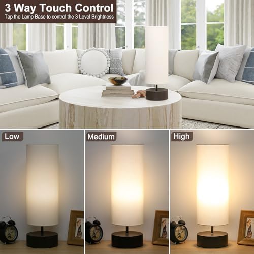 3 Way Dimmable Touch Control Table Lamp, Bedside Table Lamp with Dark Brown Base, Modern Nightstand Lamp with Beige Shade, Simple Night Light for Bedroom Living Room Home Office, 9W LED Bulb Included - Image 3