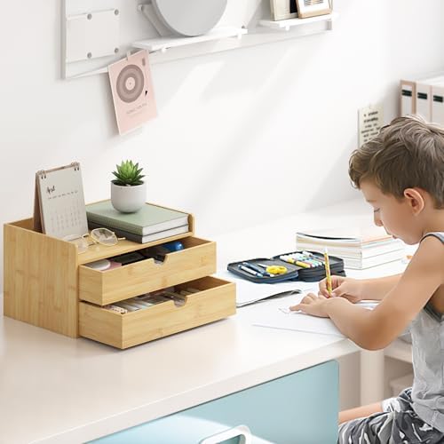 Bamboo Desk Organizer with Drawers, Desktop Storage Box for Office Supplies - Image 2