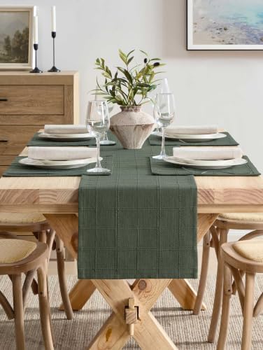 ZeeMart Linen Checked Farmhouse Table Runner, 13x90 Inches Army Green - Image 2