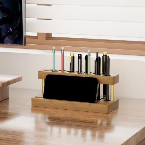 Wooden Pen Holder for Desk, Solid Wood Pen Display Stand with 15 Slots - Image 3