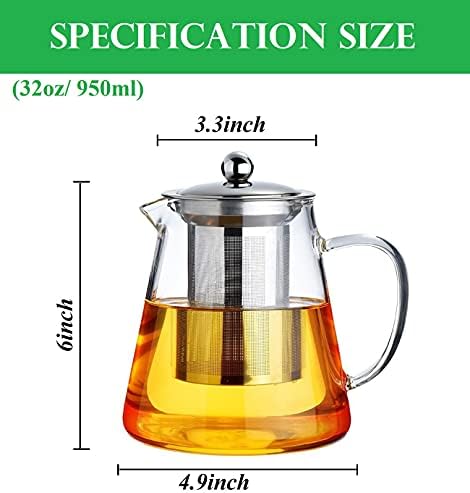 Mini Size Glass Teapot Tea Kettle-with Stainless Steel Removable Infuser for Blooming Tea & Loose Leaf Tea, Microwave & Stovetop Safe, 950ML/32oz (L-950) - Image 4