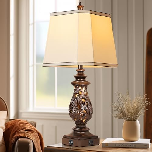 PARTPHONER 29" Table Lamps Set of 2, Bedside Lamps with USB A+C Ports & Night Light, Farmhouse Nightstand Lamps with Faux Silk Shades for Bedroom Living Room, Vintage Brown (LED Bulbs Included) - Image 7
