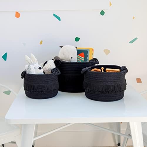 NaturalCozy 3-Piece Decorative Storage Basket Set – Black Cotton Rope Small Woven Baskets for Organizing for Nursery Baby Stuff, Gift, Vanity, Montessori, Dog Cat Toy Bin, Planter, Bathroom Shelves - Image 5