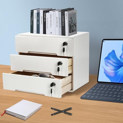 Wooden Desktop Storage Box with Lockable Drawers, Flat File Cabinet Drawer Desktop Storage Box, Countertop Storage Cabinet for Office Home Toiletries Supplies Vanity (White, 3 Drawer) - Image 5