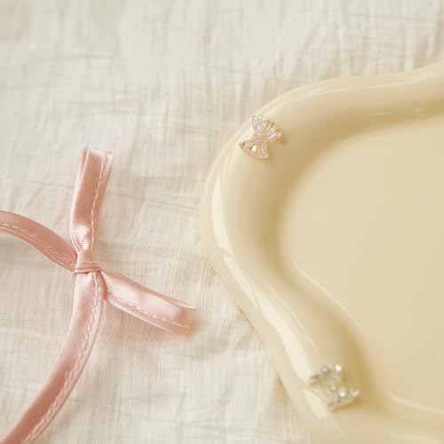 Jewelry Dish Trinket Tray for Women, Ring Dish Holder, Unique Cloud Shape Ceramic Plate Cute Things Vanity Aesthetic Room Decor Mother's Day Birthday (Bow Cream) - Image 3