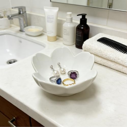 Ceramic Jewelry Dish, White Small Jewelry Bowl, Flower Ring Dsih Decorative Jewlery Tray, Cute Trinket Tray Jewelry Holder for Bathroom Nightstand, Friendship Birthday Gifts for Women Mom - Image 4