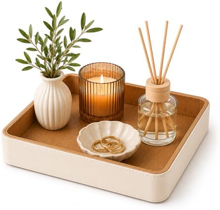 GORESE Square Perfume Tray for Dresser, PU Leather Jewelry Tray for Vanity, Cream White & Wooden by GORESE