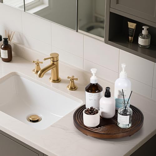 Round Decorative Tray Farmhouse Bathroom Decor Wood Riser, 12" Walnut - Image 5