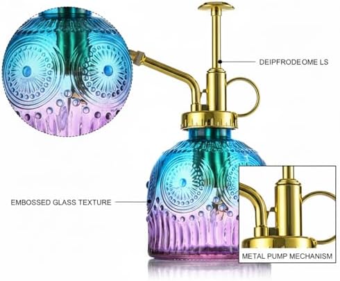 Vintage Embossed Glass Spray Bottle with Metal Pump, 10.6 oz Refillable Mister for Indoor Plants & Home Decor - Image 6