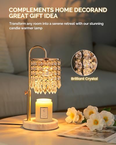 Candle Warmer Lamp with Timer Dimmer and 3 Bulbs, Candle Lamp Warmer with Marble Base for Adjustable Height, Crystal Candle Lamp for Jar Candles, House Warming Gifts Home Room Decor, French Gold - Image 5