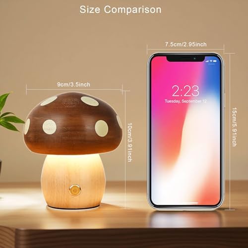 Wood Mushroom Lamp, Rechargeable Small Bedside Lamp for Nursery Bedroom - Image 2