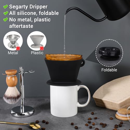 Segarty Pour Over Coffee Maker Set, Black Silicone Dripper Single Cup With 200 Count Cone Filters Paper Size 2, Portable Travel Hand Drip Brewer Kit for Camping - Image 3
