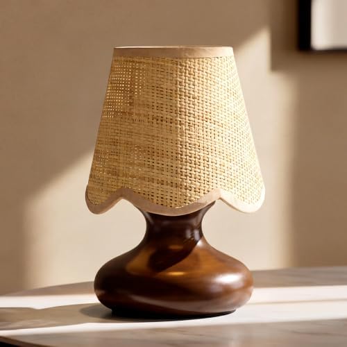 TAKEGO Small Table Lamp with Wooden Base, Rattan Lamp Shade Mini Bedside Wood Lamp, Viantage Farmhouse Table Lamp, Mini Nightstand Light for Kitchen Counter, Bookshelf Lamp, Living Room, Dorm, Office by TAKEGO