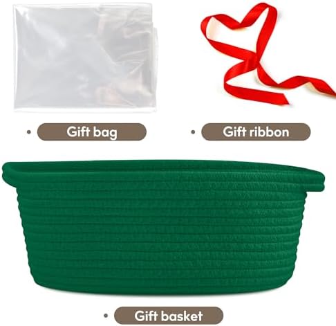 Pro Goleem Small Woven Basket with Gift Bags and Ribbons Durable Baskets for Gifts Empty Small Rope Basket for Storage 12"X 8" X 5" Baby Toy Baskets with Handles, Green - Image 3
