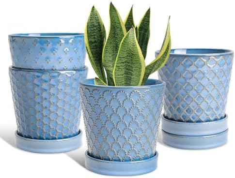 EFISPSS Plant Pots,5 Inch Pots for Indoor Plants,Planters with Drainage Hole and Saucer, Ceramic Flower Pots Desktop Office Windowsill Decoration Gift Set of 4 - Sky Blue by EFISPSS