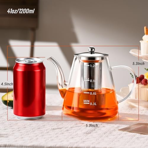 PARACITY 44oz Glass Teapot with Infuser, Stovetop Tea Pot with Scale, Clear - Image 2